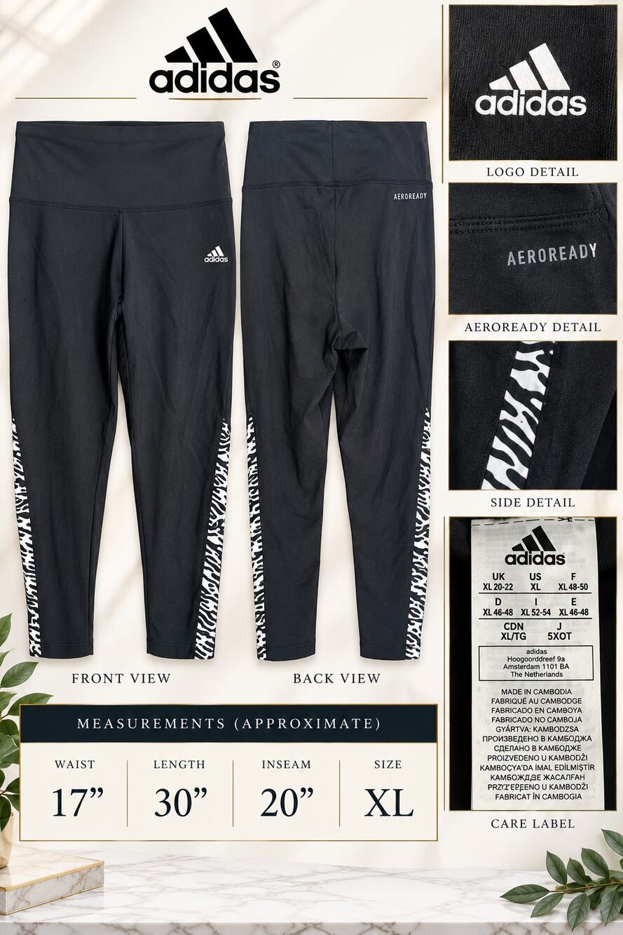 Adidas Aeroready athletic leggings black with white animal-print side panels